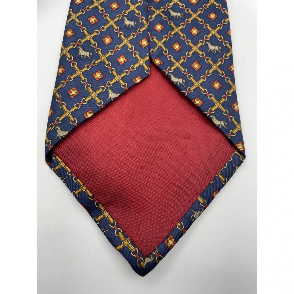 Antiche Seterie Fiorentine Silk Tie Navy Blue Equestrian Horse Chain Italy